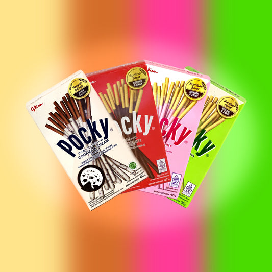 die leckeren Kekssticks der marke Pocky mit den Geschmäckern Cookies Cream, Schoko, Erdbeer und Matcha