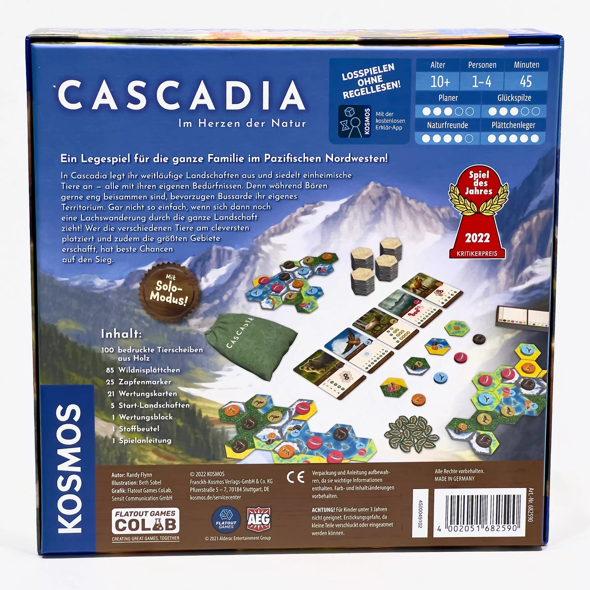 Rückseite Spiel des Jahres 2022 Cascadia im Herzen der Natur Legespiel